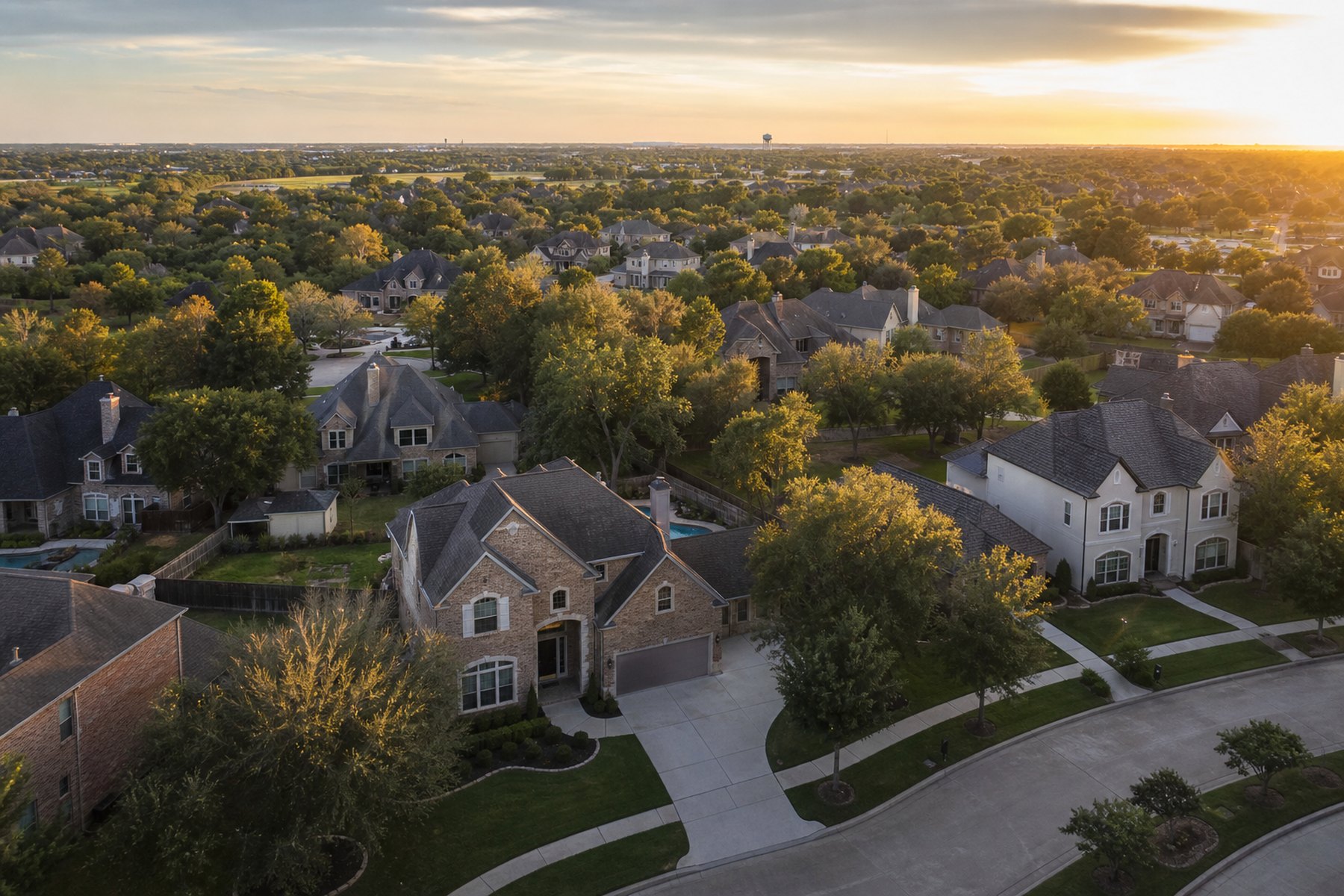 A Katy, Texas neighborhood at golden hour
