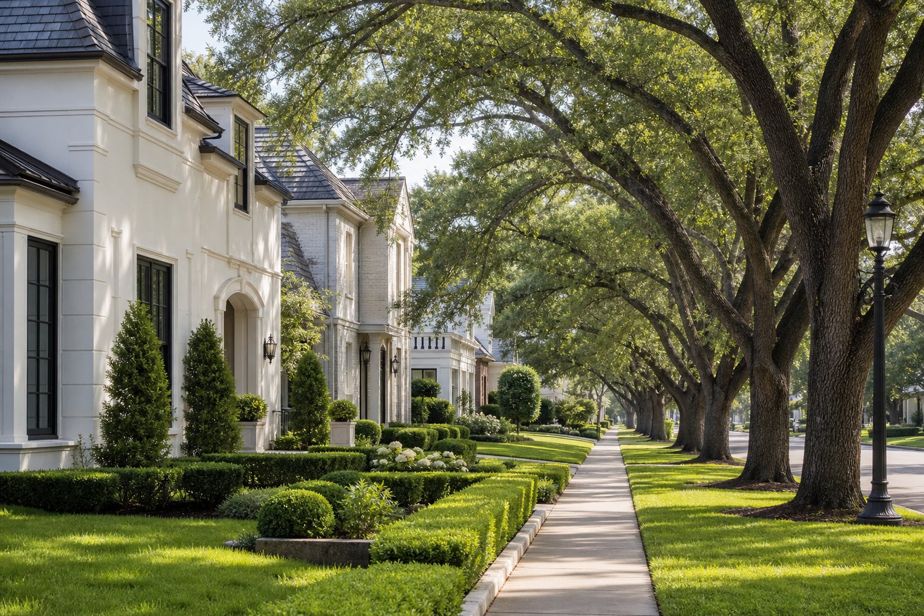 A tree lined Houston area street in the morning